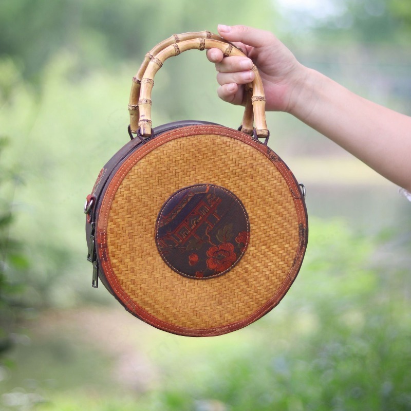 Women Bags Purses - Okrągła bambusowa torebka crossbody z tkaniny