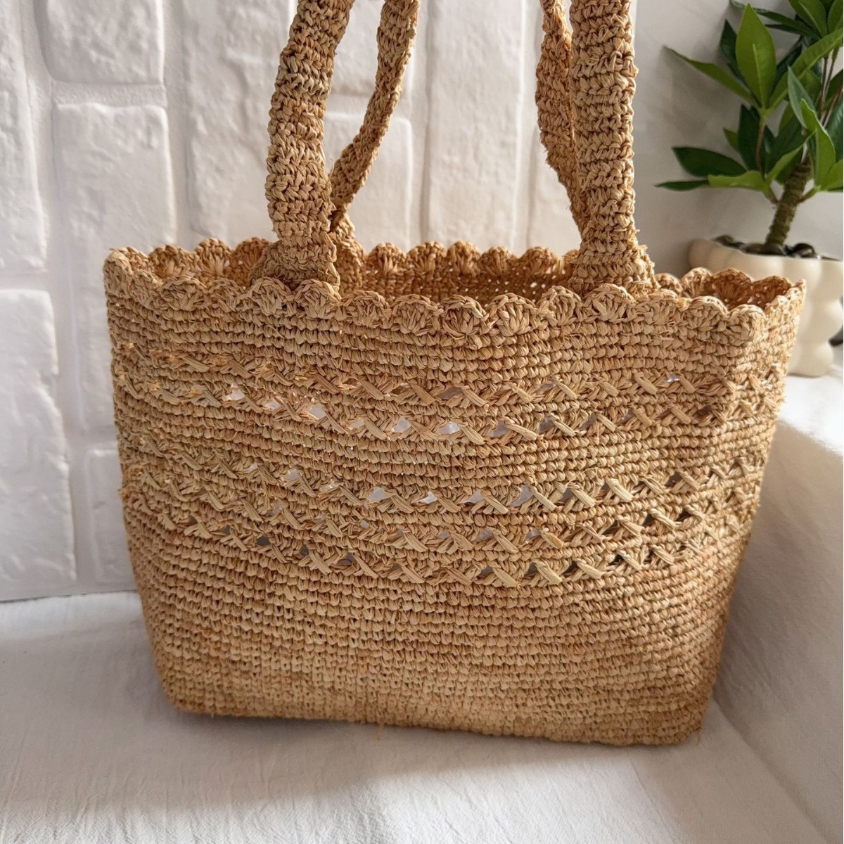 Women'S Raffia Bags - Letnia torba ze słomy rafii, ażurowa